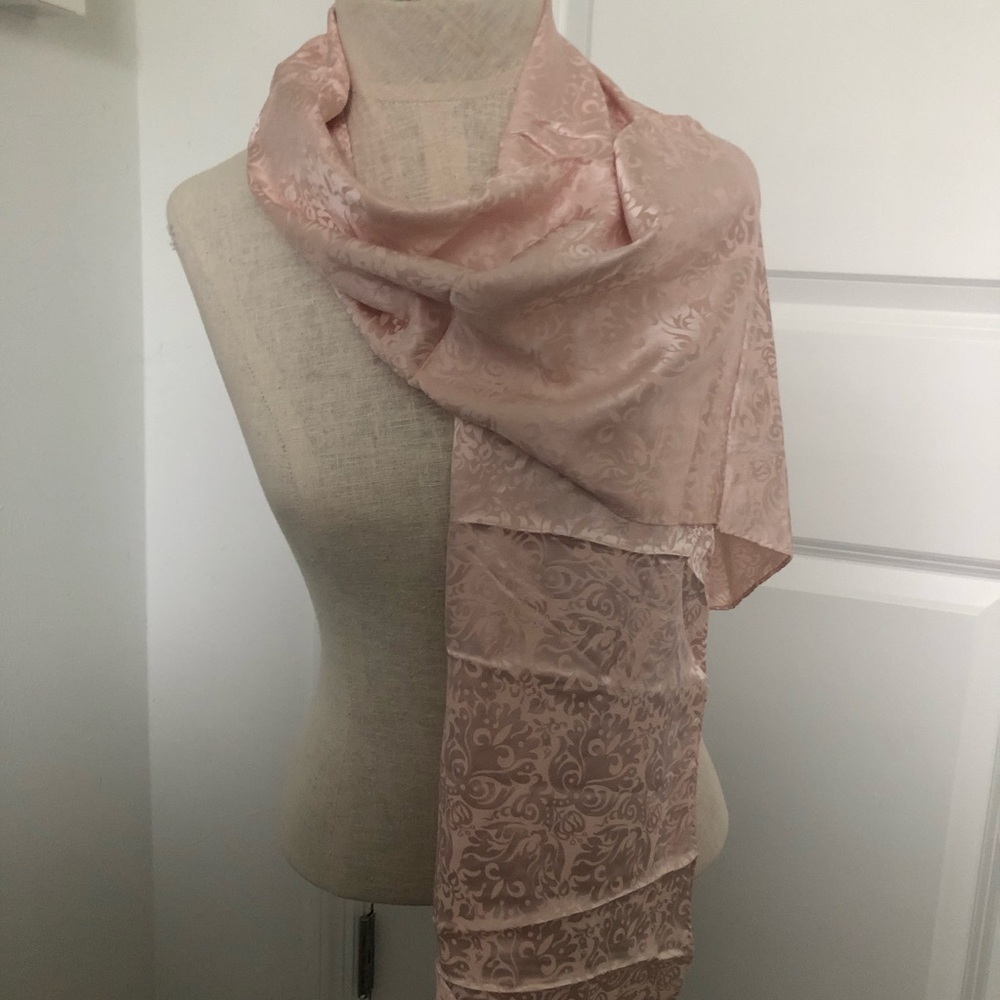 Vintage Lord & Taylor Peach Brochade Silk Scarf with Fringe